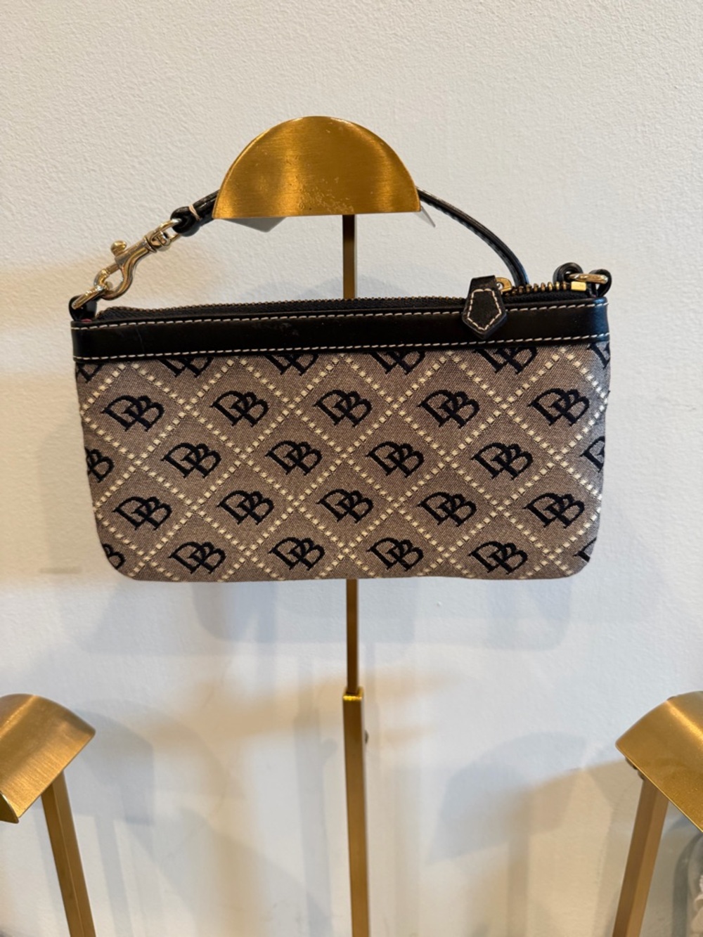 Dooney and Burke Black and Beige Monogram Wristlet Pouch - Designer Style